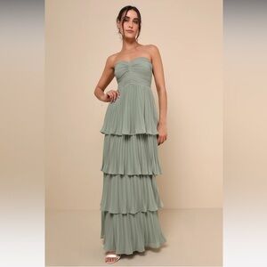 Lulu's Sage Strapless Tiered Gown for Wedding Guest